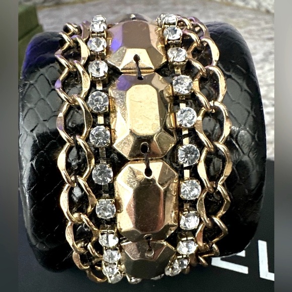 Y2K Wide Leather Croc Cuff w Gold Chain, Stones , and Rhinestones Cuff - Picture 2 of 8